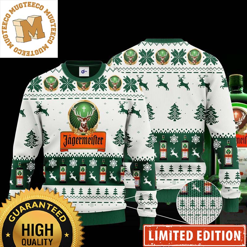 Jagermeister Signature Big Logo White And Green Snowflakes And Pine Tree Knitting Pattern Christmas Ugly Sweater 2023