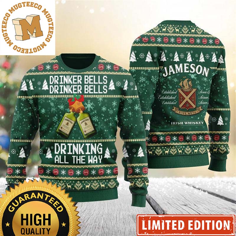 Jameson Drinker Bells Drinking All The Way Green Funny Christmas Ugly Sweater