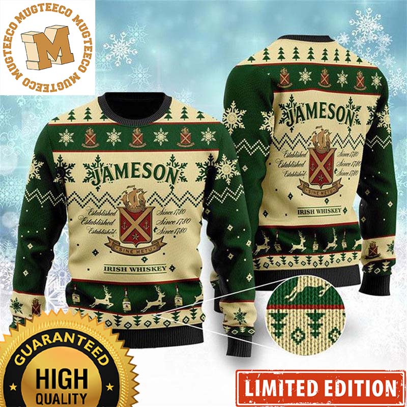 Jameson Irish Whiskey Big Classic Logo Snowflakes Green And Beige Vintage Christmas Ugly Sweater 2023