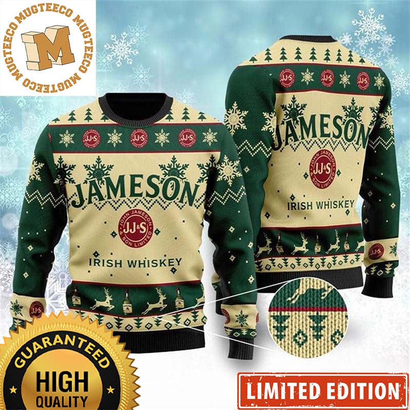 Jameson Irsih Whiskey Big Logo Snowflakes Knitting Green Vintage Christmas Ugly Sweater