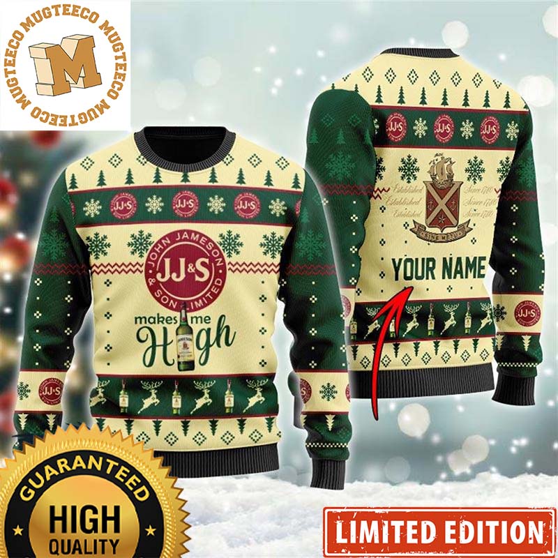 Jameson Makes Me High Personalized Snowflakes And Reindeer Funny Christmas Ugly Sweater