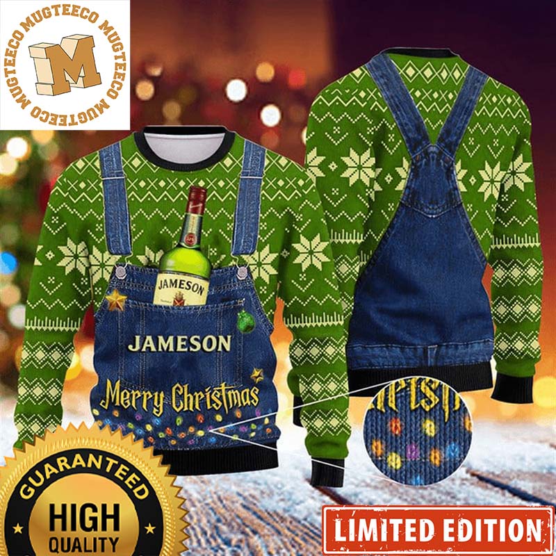 Jameson Merry Christmas Denim Overalls Effect Knitting Holiday Ugly Sweater