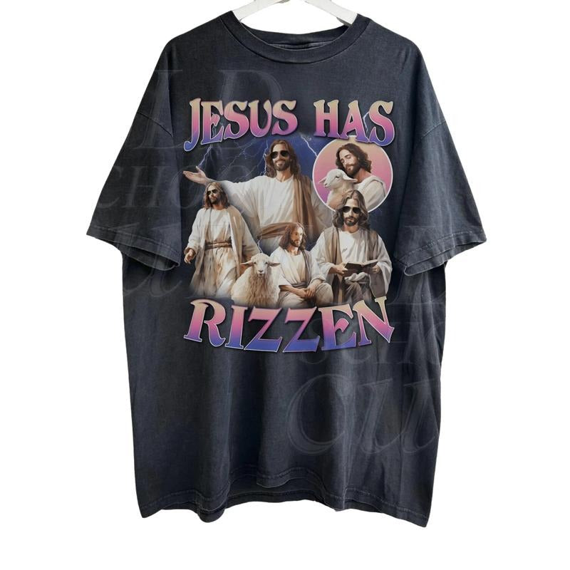 Jesus Has Rizzen Vintage T-Shirt, Retro 90s Graphic Shirt, Funny Shirts, Distressed Cotton Shirt, Oversized Bootleg Tees...