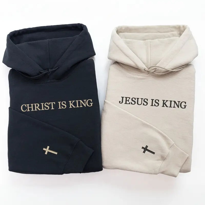 Jesus Is King Embroidered Valentine's Day Hoodie, Cross on Sleeve Sweatshirt, Couples Gift, Birthday Present for Him or Her