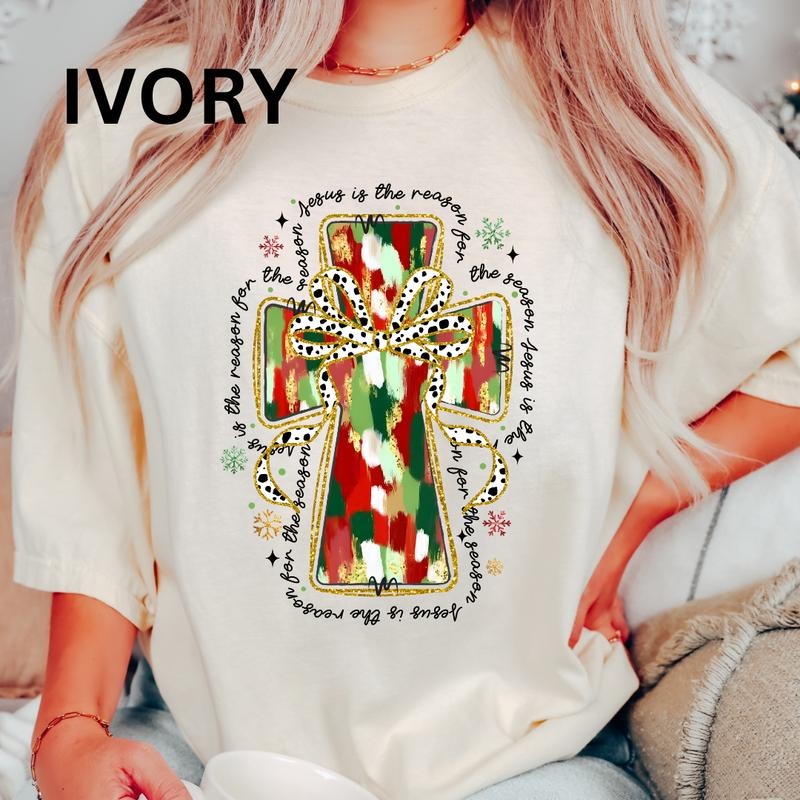 Jesus is Reason Cross Comfort Colors Women's Oversized Christmas Shirt - Festive Printed Design - Cotton, Comfortable