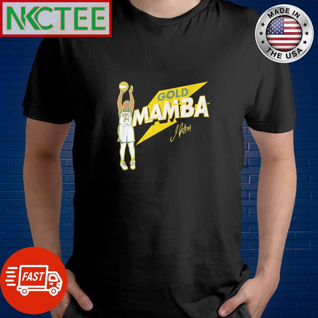 Jewell Loyd throwing ball signature Gold Mamba shirt