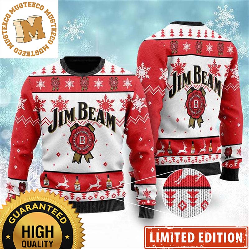 Jim Beam Whiskey Big Logo With Snowflakes Red And White Knitting Christmas Ugly Sweater