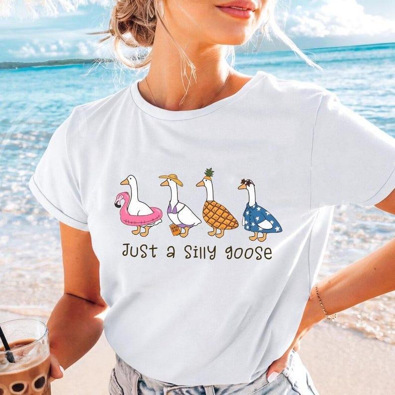 Just A Silly Goose Beach Tshirt, Goose Lover Tee, Gifts For Girl, Coquette Shirt, Summer T-Shirt