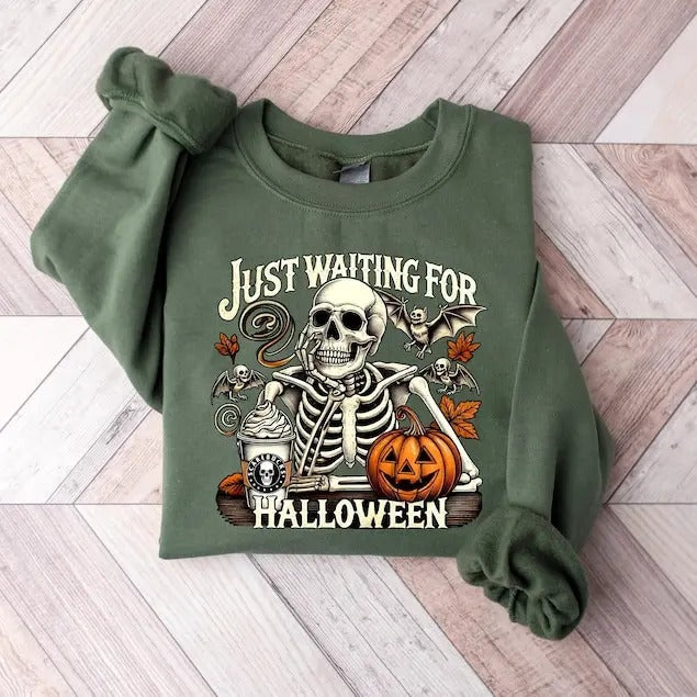 Just Waiting for Halloween Sweatshirt, Skeleton Coffee T-Shirt, Skeleton Halloween Shirt, Spooky Skull Sweater, Skeleton Bats  T-shirt, sweater and Hoodie