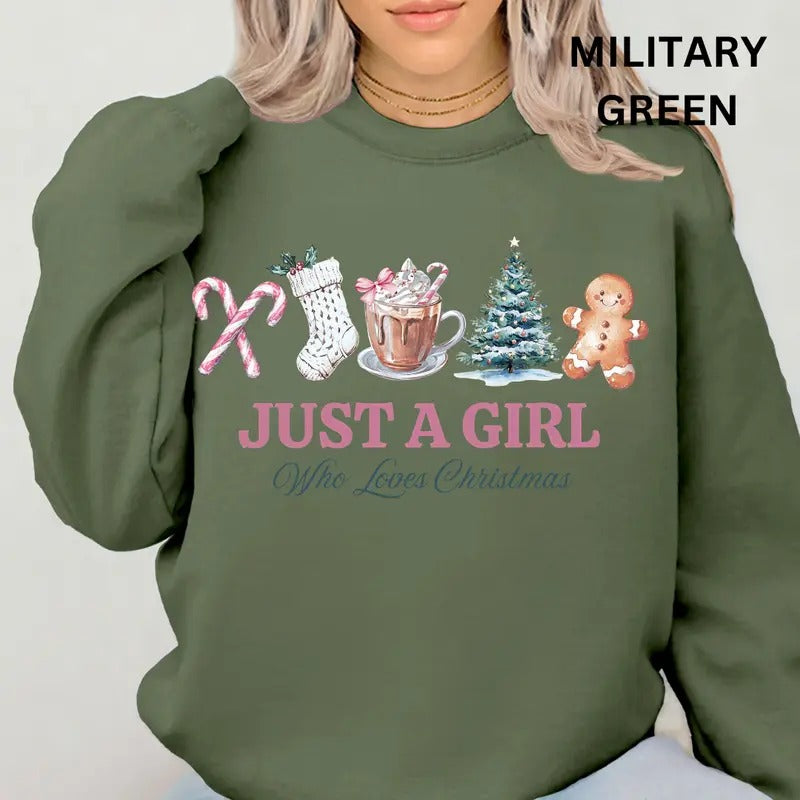 Just a Girl who Loves Christmas Winter Graphic Long Sleeve Casual Cotton Polyester Oversized sweatshirt - Comfort...