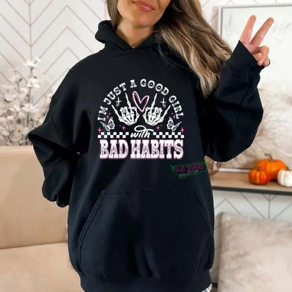 Just a Good Girl With Bad Habits Tee, Hoodie & Sweatshirt | Grunge Goth Vibes | Alt Winter Fashion | Skull  Streetwear Style Casual Cotton Pullover Sleeve
