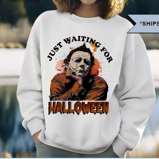 Just waiting for Halloween 2024 shirt, Funny Halloween, Funny horror character, Halloween Vibes, Halloween Season,...