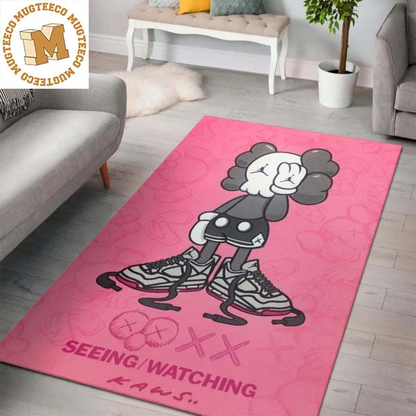 Kaws Seeing Watching Sneaker In Pink Background Rug For Bedroom