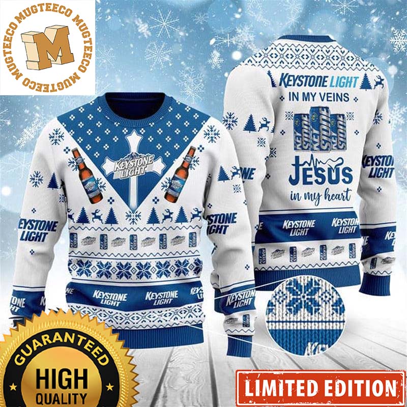 Keystone Light In My Veins Jesus In My Heart Snowy Knitting White And Blue Christmas Ugly Sweater