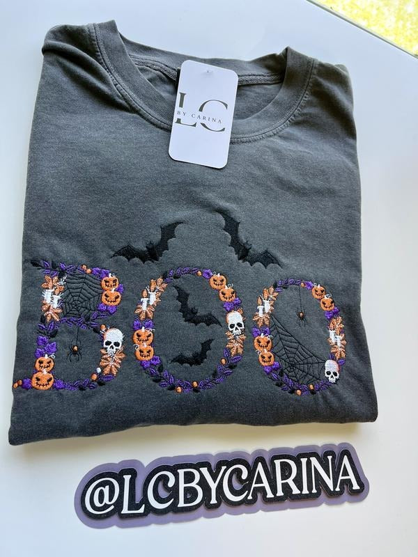 LCbyCarina Spooky Embroidered BOO Halloween Shirt Perfect for Fall & Halloween Celebrations with Pumpkin and Bat Design...