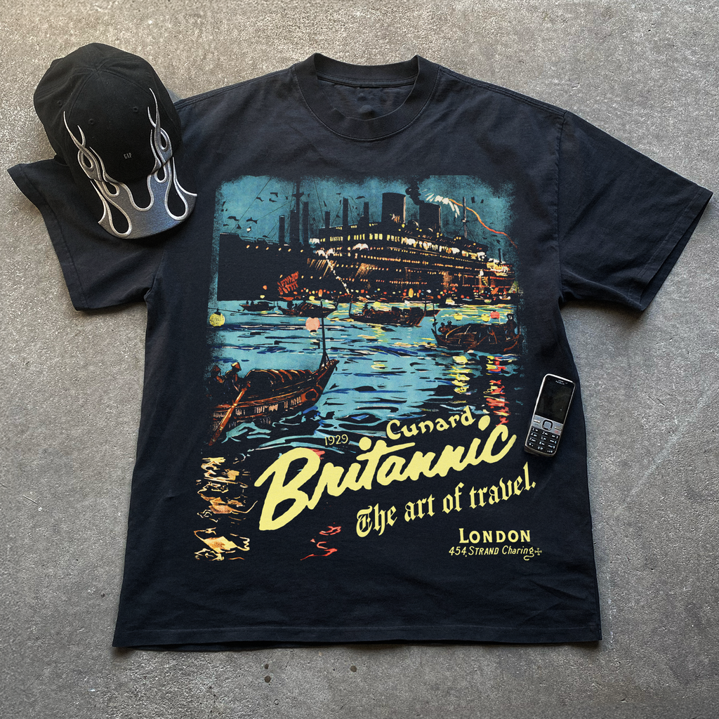 1929 BRITANNIC 'THE ART OF TRAVEL' LUXURY CRUISE POSTER HEAVYWEIGHT BLACK T-SHIRT Hoodie, Sweatshirt (Image 1)