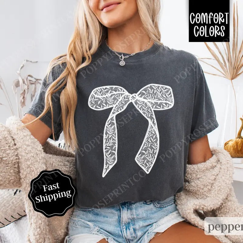 Lace Bow Shirt Comfort Colors, Coquette Ribbon Tee, Trendy Women's Tshirt Hoodie, Sweatshirt | CiraTrend.com