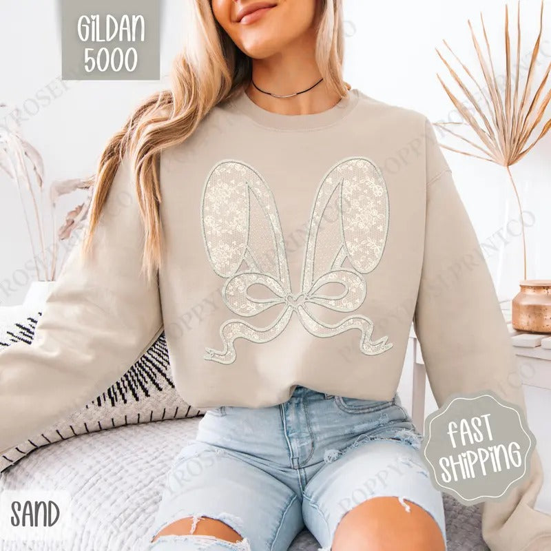Lace Bunny Ears Sweatshirt, Easter Crewneck, Trendy Bunny Women's Sweater, Gift for Her T-Shirts, Hoodie | CiraTrend.com
