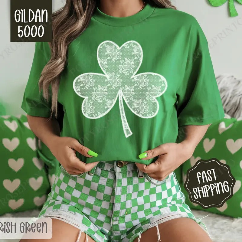 Lace Clover Shirt Gildan, St Patrick's Day Women's Tee, Cute Women's Tshirt Plus Sizes Hoodie, Sweatshirt | CiraTrend.com