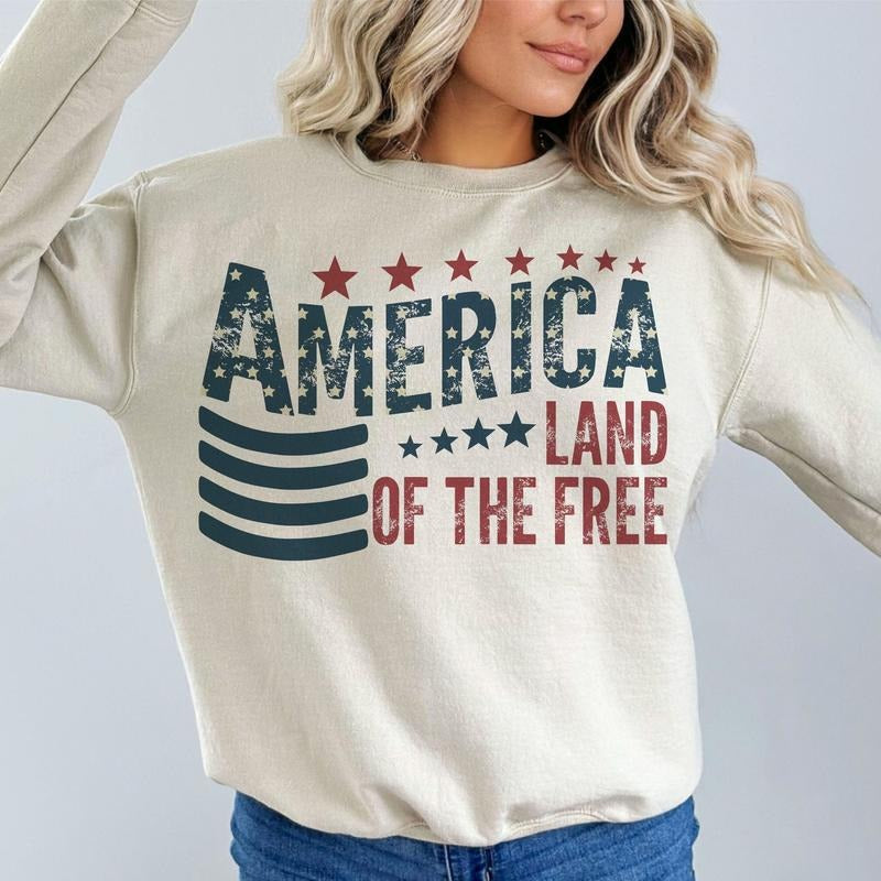 Land of the Free Sweatshirt Retro America 4th of July Crewneck USA Flag Shirt Independence Day Outfit Patriotic Top 100%...
