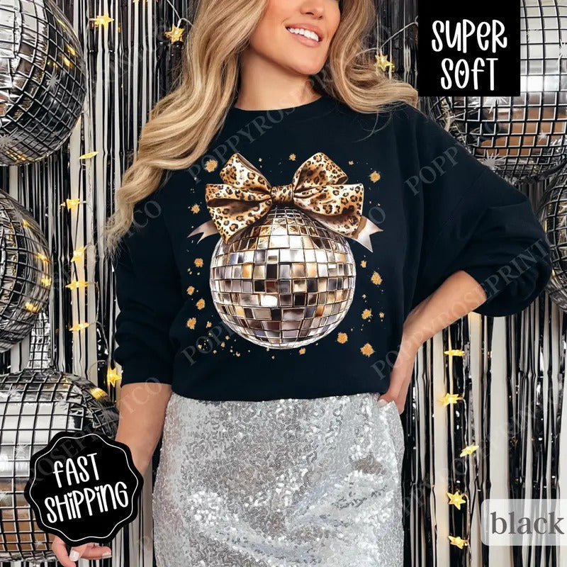 Leopard Disco Bow Sweatshirt, New Year's 2025 Crewneck, NYE Women's Sweater T-Shirts, Hoodie | CiraTrend.com