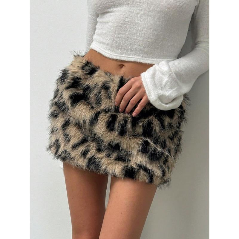 Leopard Print Fuzzy Fur Skirt Low Rise Mini Y2k Party Club Skirts T-Shirts, Hoodie, Sweatshirt | CiraTrend.com