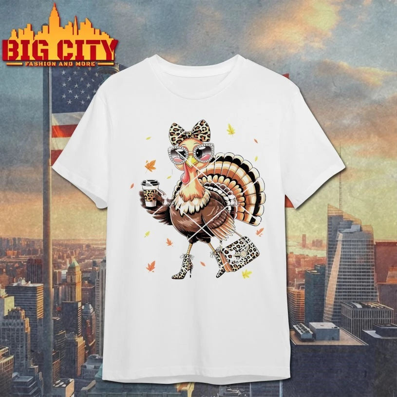 Leopard Turkey Drinking Coffee Thanksgiving Women shirt