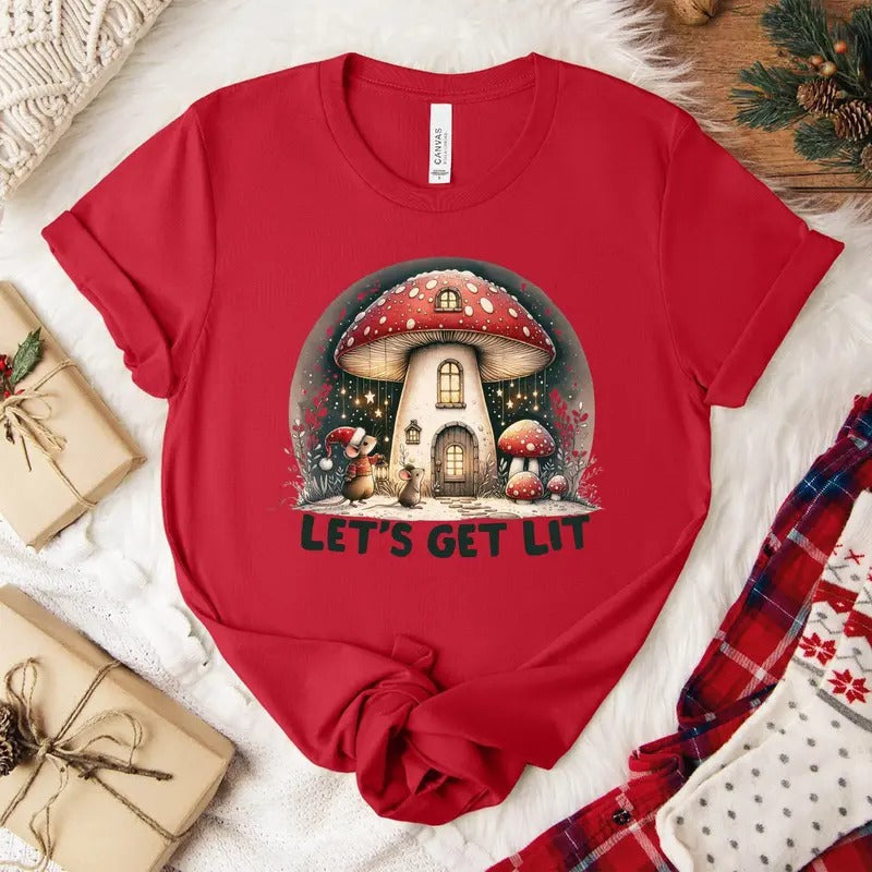 Let's Get Lit Mushroom Christmas Tree Shirt, Merry Christmush T-shirt, Cottagecore Christmas Tee, Perfect Christmas Gift...