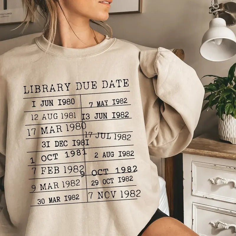 Library Sweatshirt, Librarian Hoodie, Library Return Card, Library Date Due Womenswear Sweater, Book Crewneck, Bookish, Book Lover gift, Librarian Gift