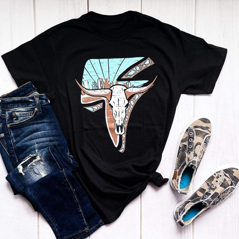 Lightning Cow Skull Graphic Tee Hoodie, Sweatshirt | CiraTrend.com