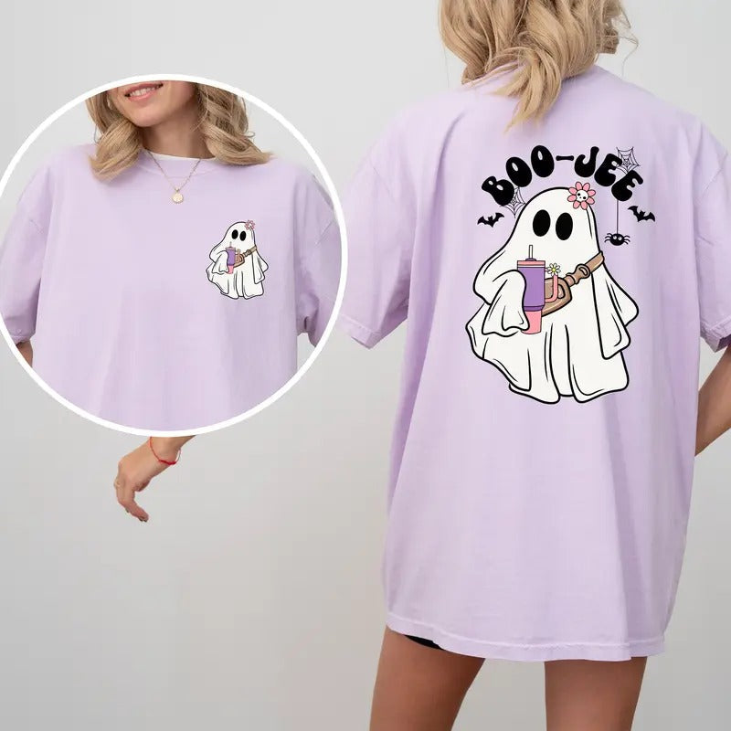 Little Ghost Drinking Boo-Jee Shirt 2-Sided, BooJee Tee, Cute Ghost Shirt for Women, Halloween Ghost Tee, Boo Shirt, Fall...