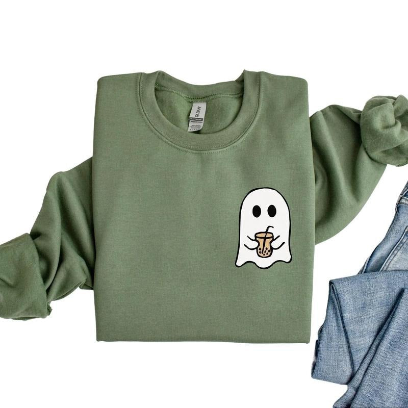 Little Ghost Ice Coffee Halloween Crewneck Sweatshirt, Hoodie, T-shirt, Cute Halloween Shirt | CiraTrend.com