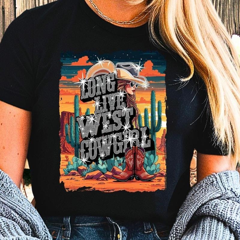 Long Live West Cowgirl Rhinestone and Graphic T-Shirt, Western Country Graphic Tee, Country Concert Shirt, Western Bling...
