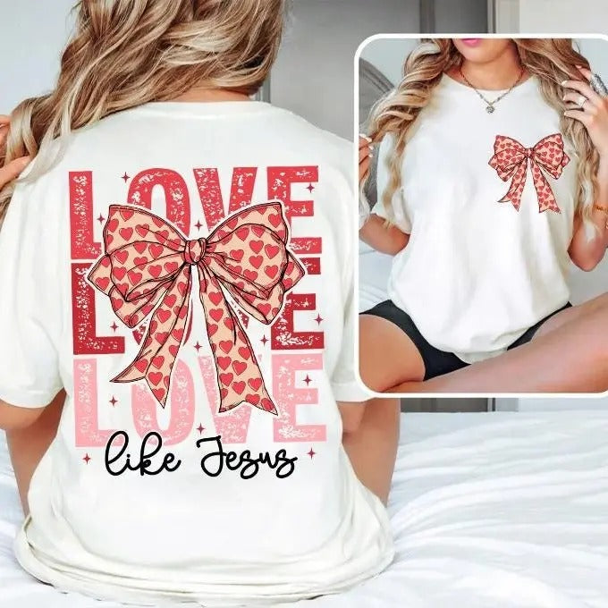 Love Like Jesus Coquette T-Shirt - Retro Heart Bow Christian Tee Hoodie, Sweatshirt | CiraTrend.com
