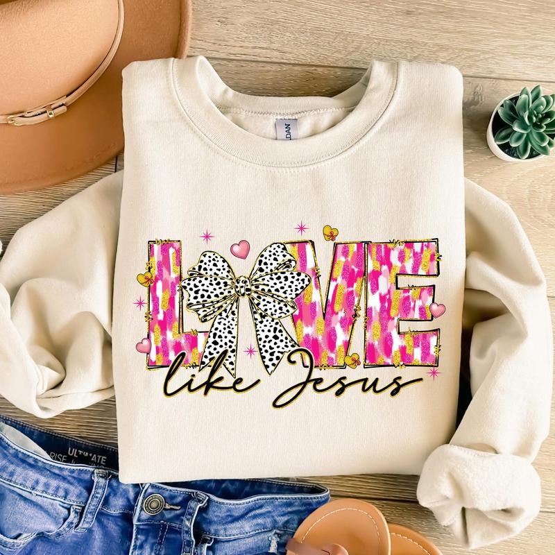 Love Like Jesus Sweat, Christian Valentine Sweat, Brushstroke Valentine Coquette Bow Sweat, Retro Valentine Sweat, Bible Verse Sweat, Glitter Vday