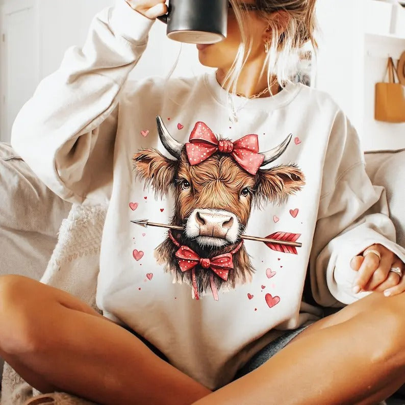 Love Season Highland Cow | Western Coquette Crewneck Sweatshirt | Valentine Gift T-Shirts, Hoodie | CiraTrend.com