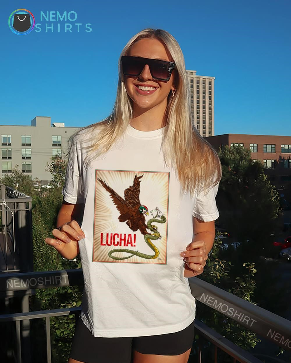 Luchando Mexican eagle mask holding snake shirt