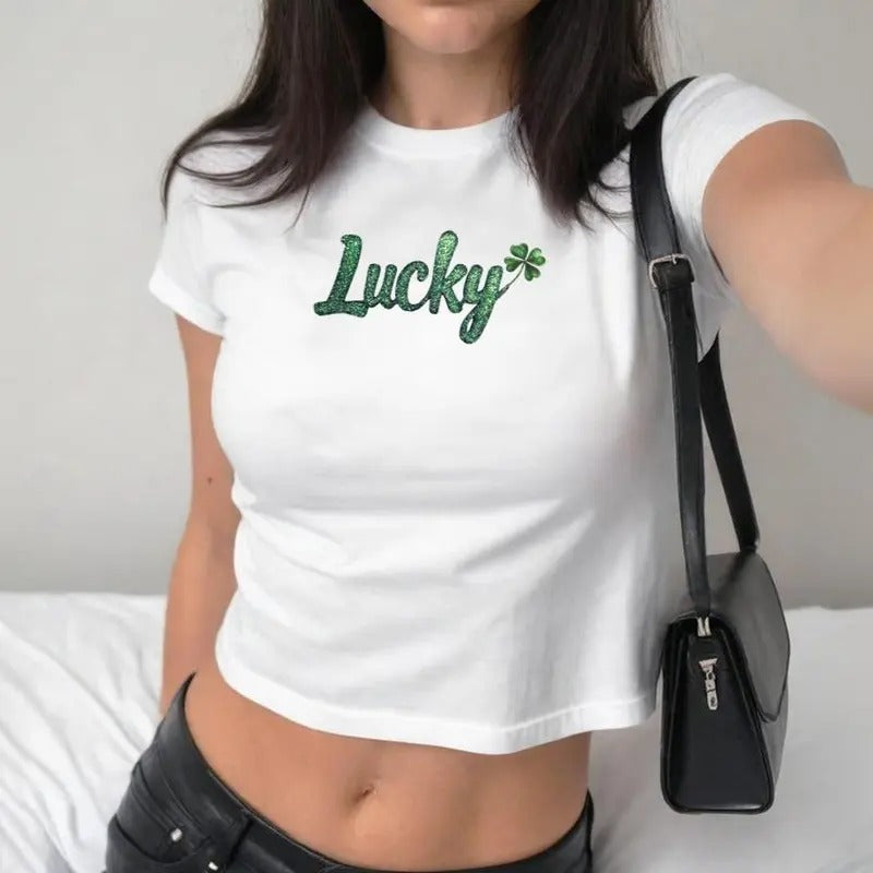Lucky Baby Tee, Lucky Shamrock Green Baby Tee, Y2k Baby Tee, Sparkly Letters, St. Patrick's Day Shirt, St Paddys Day...