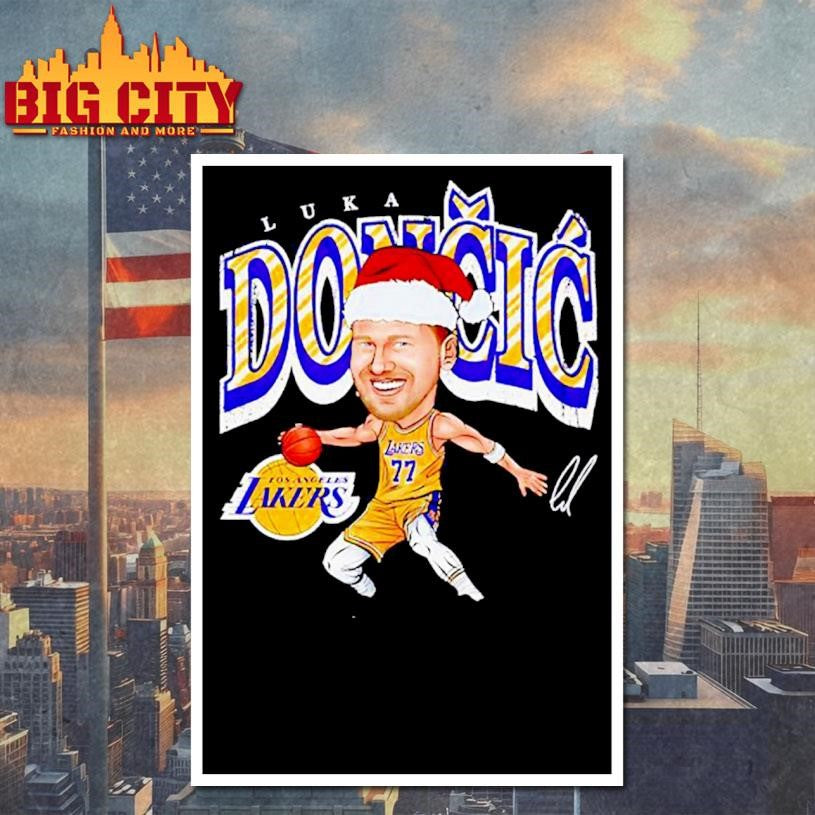 Luka Doncic with Santa hat Los Angeles Lakers caricature signature Shirt
