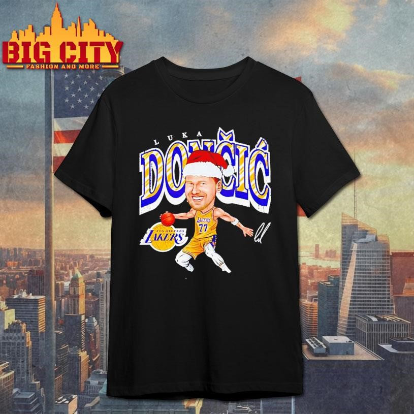 Luka Doncic with Santa hat Los Angeles Lakers caricature signature Shirt