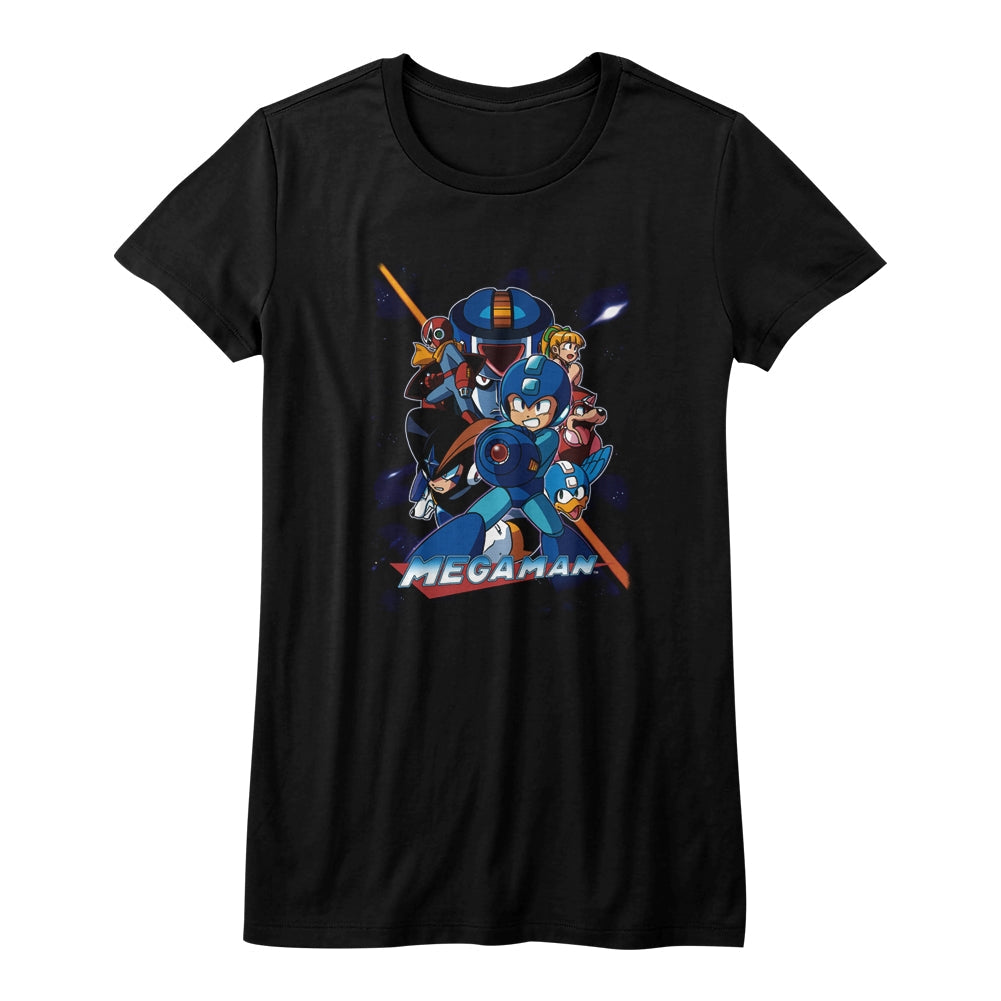 Mega Man Girls Juniors S/S T-Shirt - Collage Orange Beam - Solid Black Hoodie, Sweatshirt | CiraTrend.com