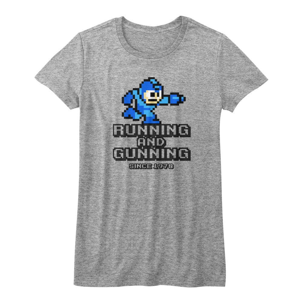 Mega Man Girls Juniors S/S T-Shirt - Running And Gunning - Heather Gray Heather Hoodie, Sweatshirt | CiraTrend.com