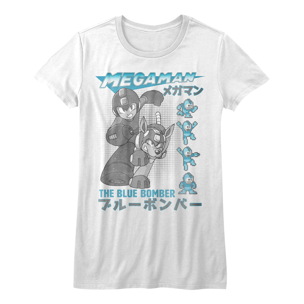Mega Man Girls Juniors S/S T-Shirt - Blue Bomber - Solid White Hoodie, Sweatshirt | CiraTrend.com