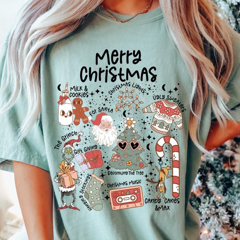 MERRY CHRISTMAS DOODLES T-SHIRT (COMFORT COLORS T-SHIRT, CASUAL SHIRT UNISEX, CHRISTMAS CLOTHING, GRAPHIC APPAREL,...