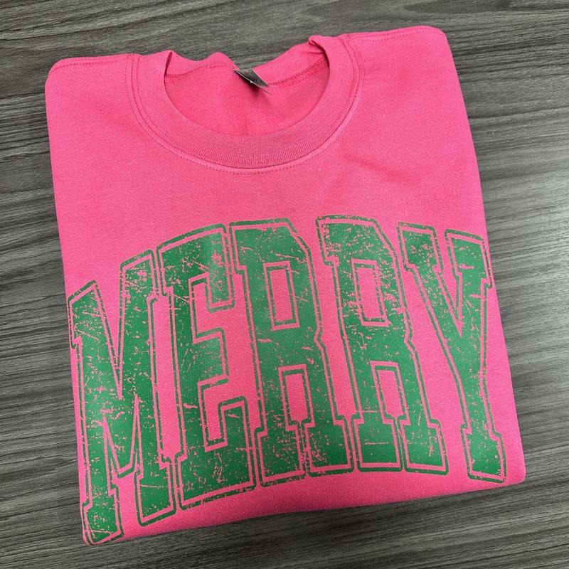 MERRY green on Hot Pink Gildan Sweatshirt T-Shirts, Hoodie | CiraTrend.com