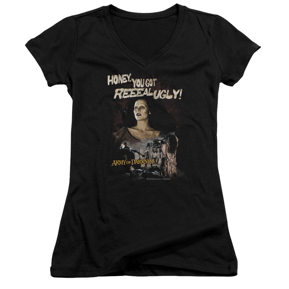 Army Of Darkness Reeeal Ugly! Junior Sheer Cap Sleeve V-Neck Womens T Shirt Black Hoodie, Sweatshirt | CiraTrend.com