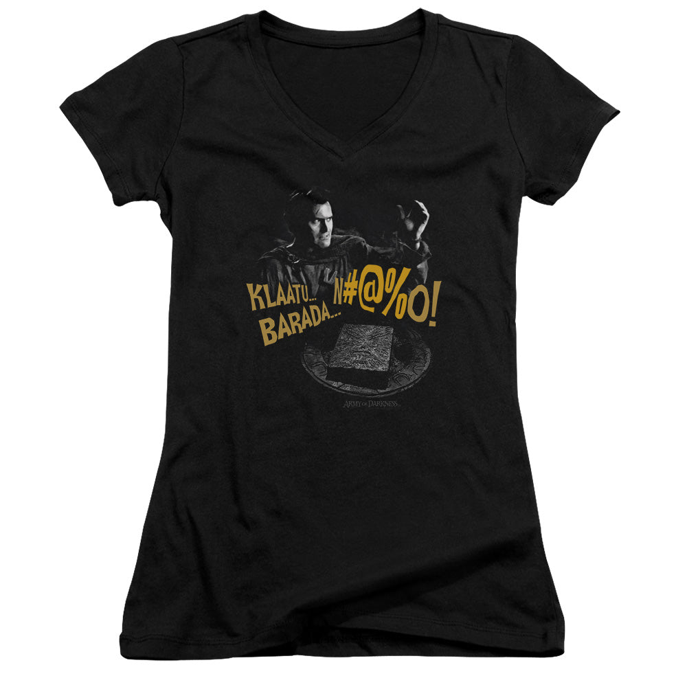Army Of Darkness KlaatuÃ¢â‚¬Â¦ Barada Junior Sheer Cap Sleeve V-Neck Womens T Shirt Black Hoodie, Sweatshirt | CiraTrend.com