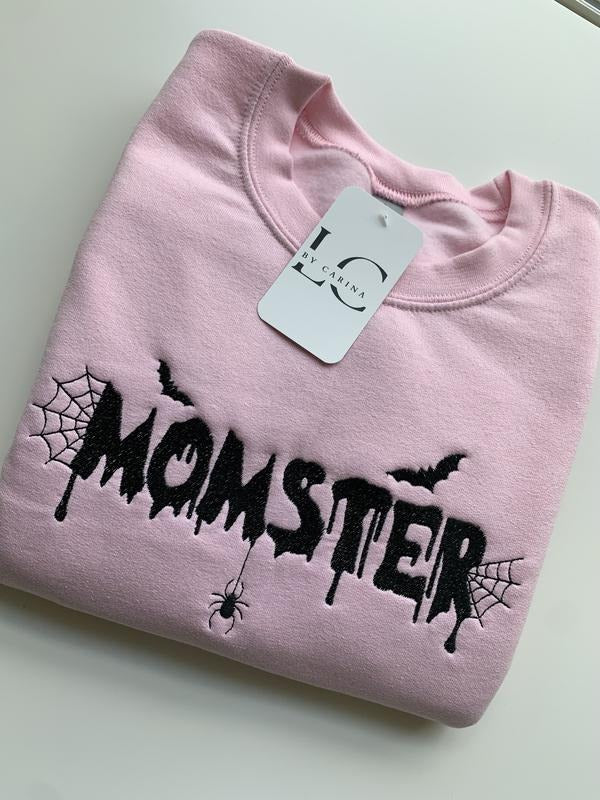MOMSTER Embroidered Pink Sweatshirt | Cute Halloween Mom Shirt | Cozy Fall Sweatshirt | Spooky Season Apparel | Fun Mom...