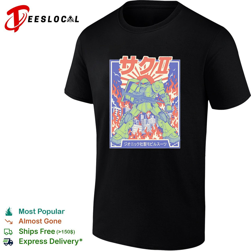 MS-06 Zaku II The Green Grunt city skyline burning shirt