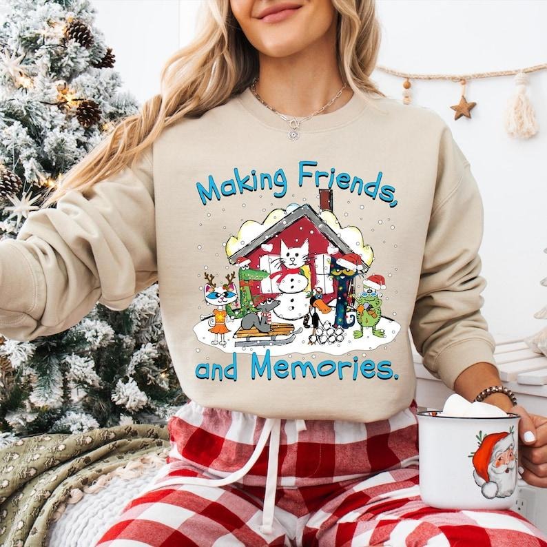 Making Friends And Memories Sweatshirt, Pete The Cat Christmas T-shirt, Groovy Cat Xmas Tee, Cat Lover Gifts, Children's...